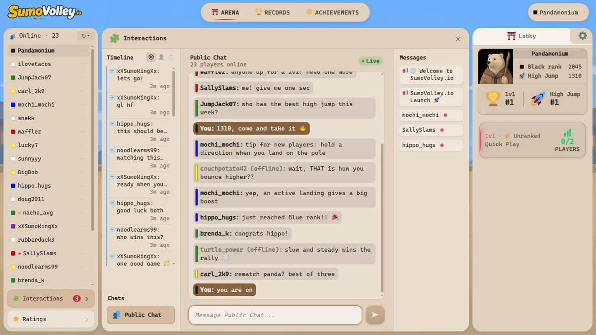 De lobby: de publieke chat, privéberichten en iedereen die online is.